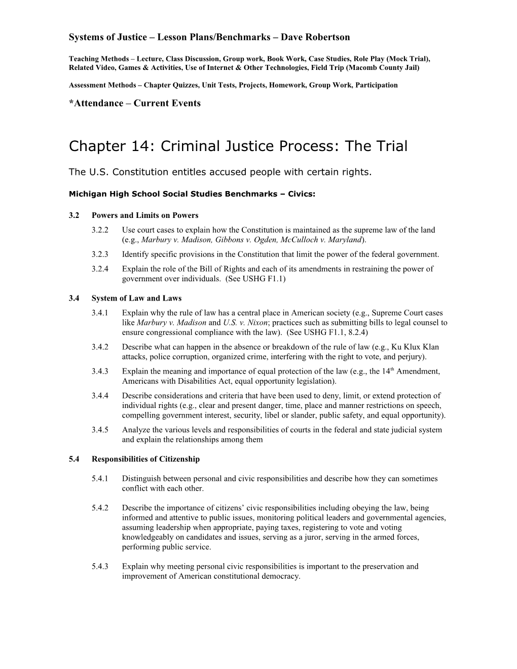 Systems of Justice Lesson Plans/Benchmarks Dave Robertson