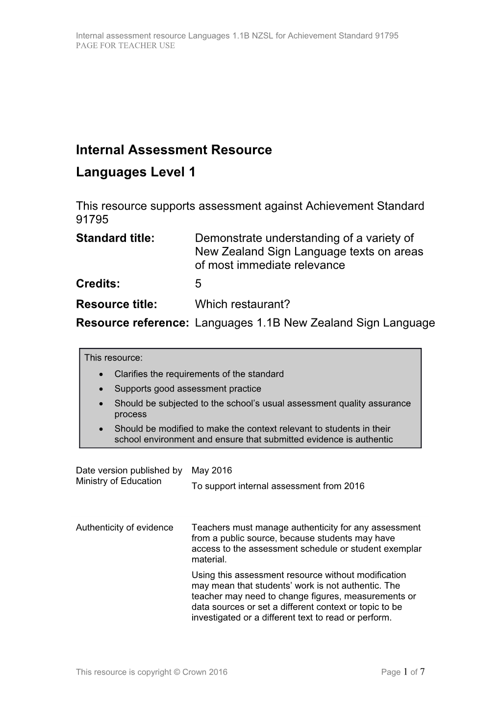 Level 1 Languages NZSL Internal Assessment Resource