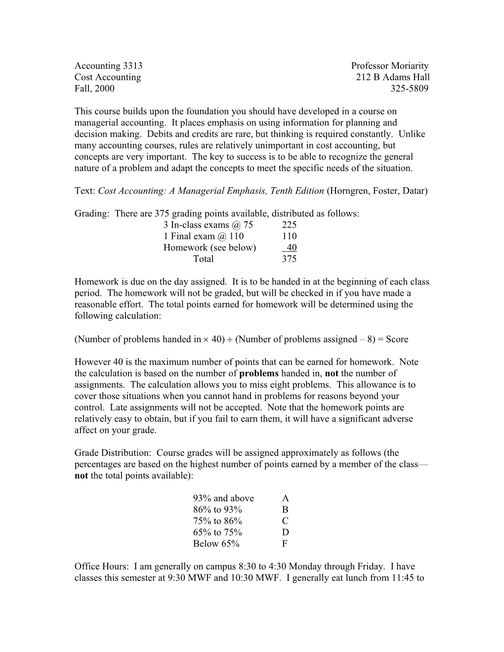 Cost Accounting 212 B Adams Hall