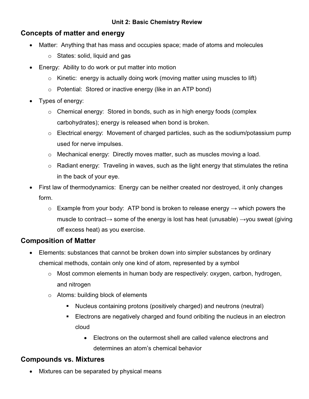 Unit 2: Basic Chemistry Review