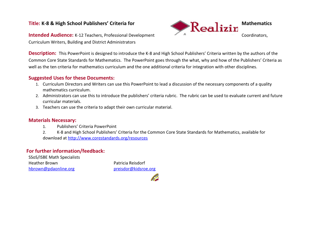 K-8 & High School Publishers Criteria for Mathematics