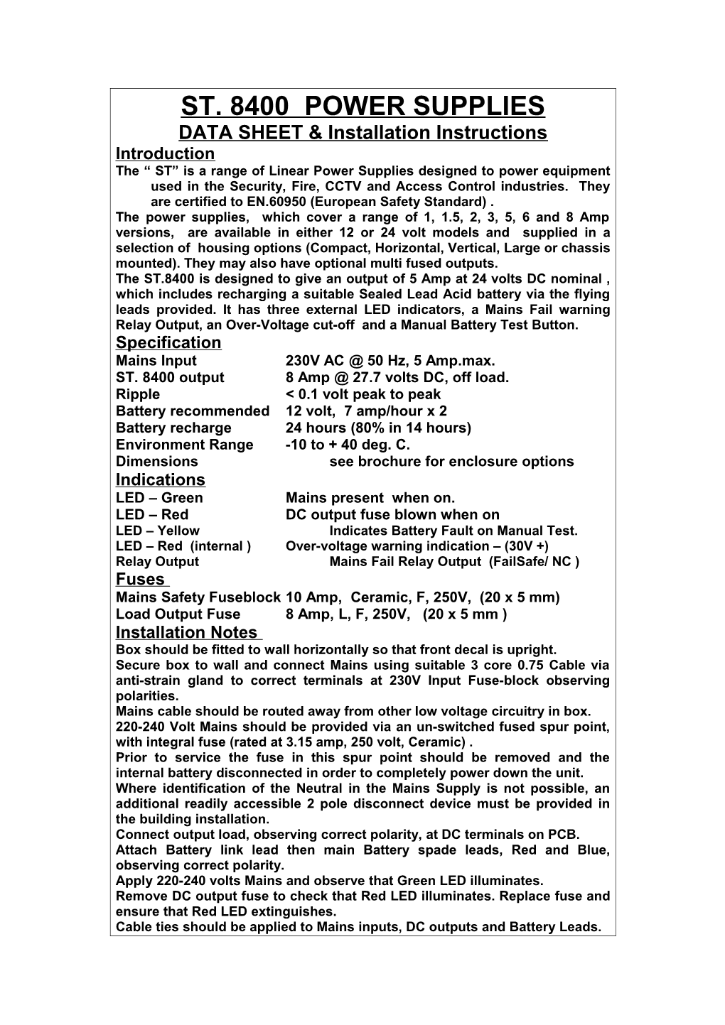 Technical Performance Characteristicsof St Power Supplies