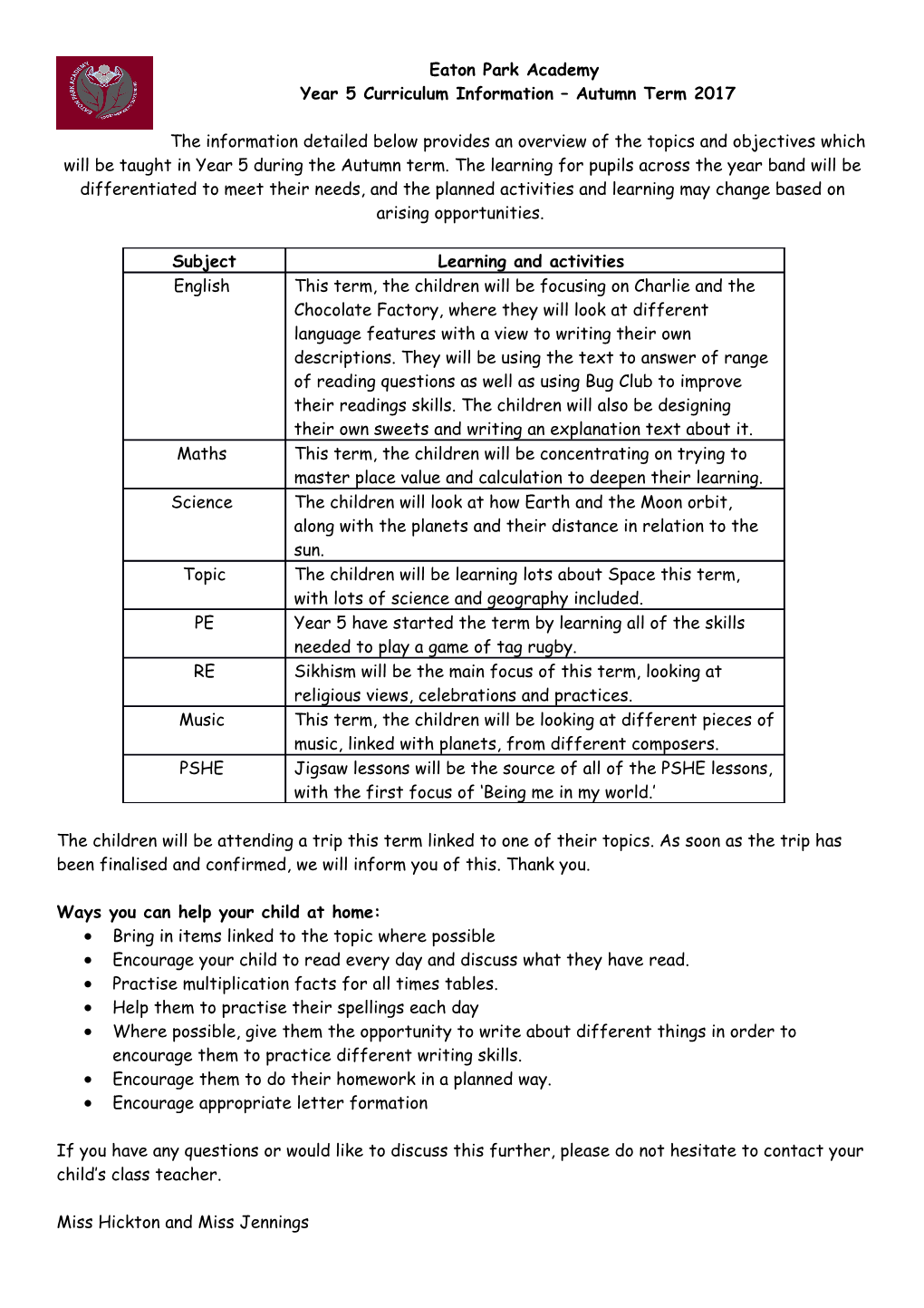 Year 5 Curriculum Information Autumn Term 2017