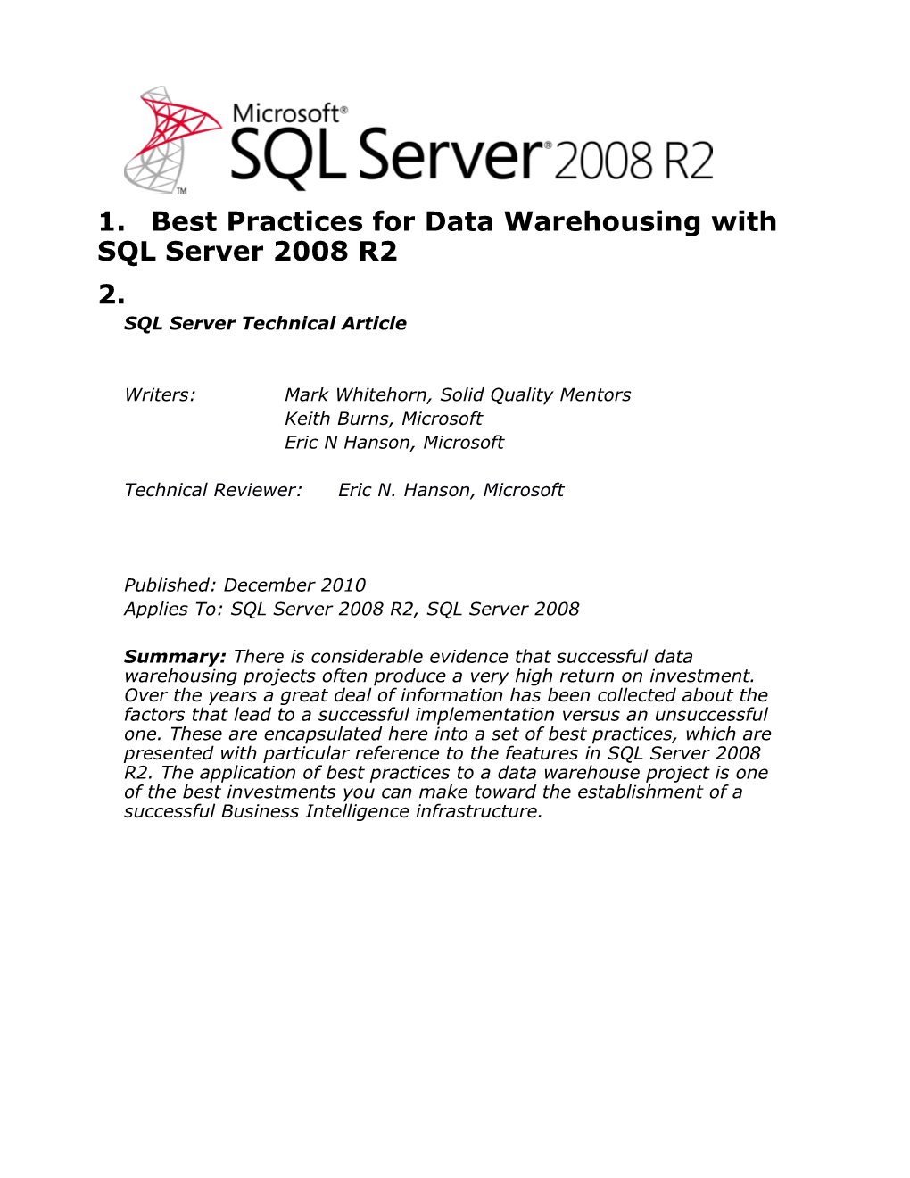 Best Practices for Data Warehousing with SQL Server 2008 R2