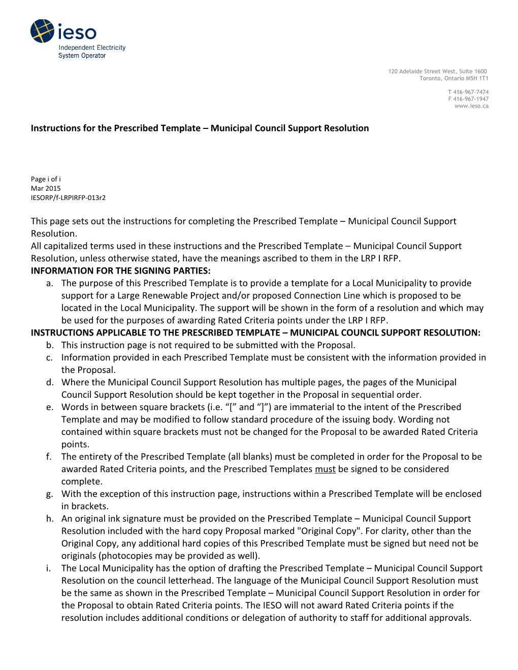 Prescribed Template - Municipal Council Support Resolution