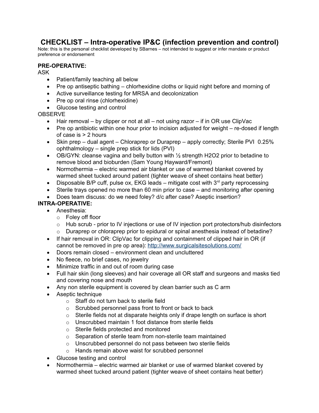 CHECKLIST Intra-Operative IP&C (Infection Prevention and Control)