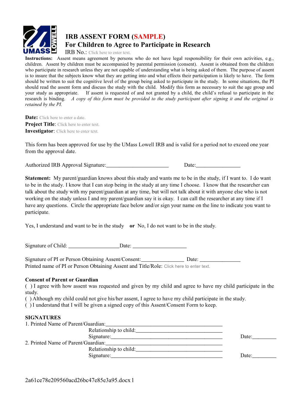 Irb Assent Form (Sample)