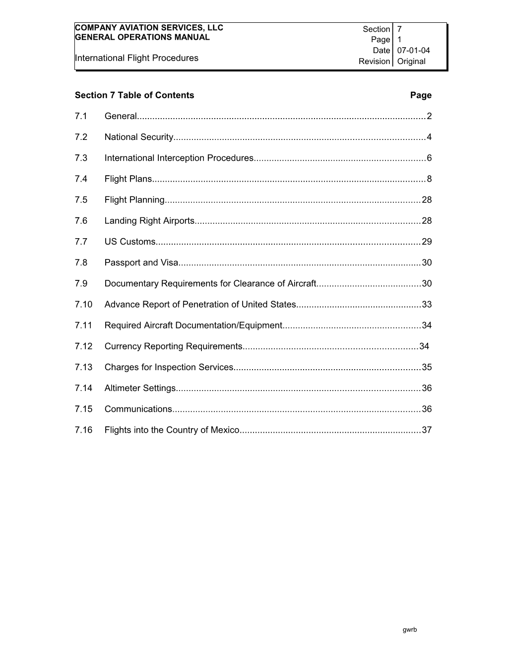 Section 7 Table of Contents Page