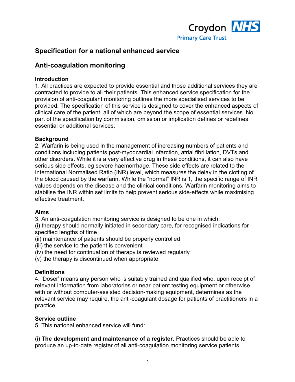 Specification for a National Enhanced Service