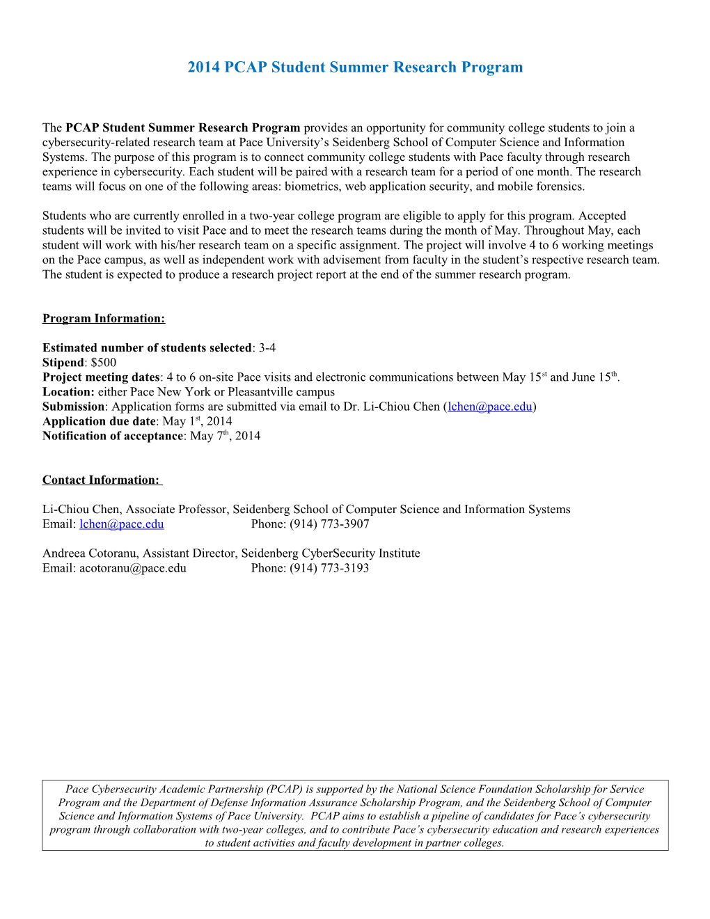 2014 PCAP Student Summer Research Program