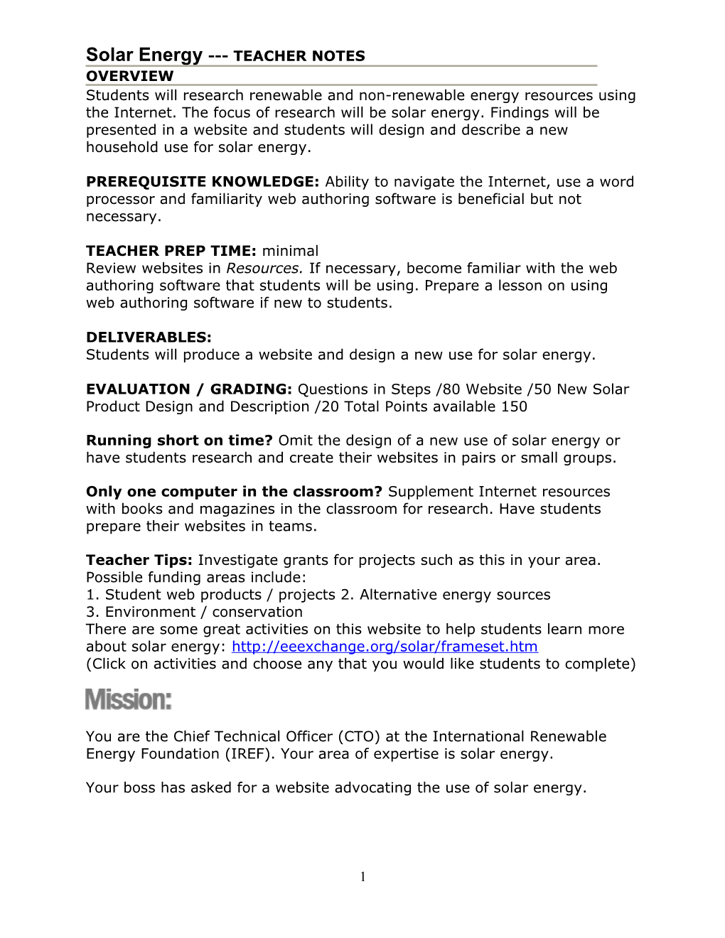 Solar Energy TEACHER NOTES