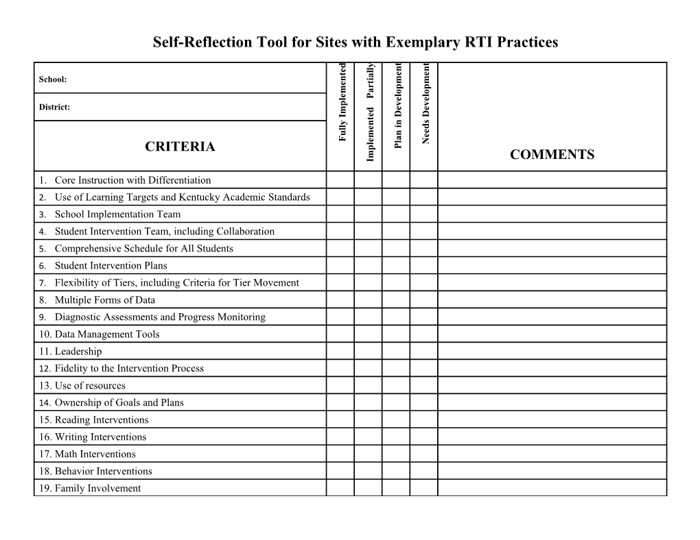 Self-Reflection Tool for Sites with Exemplary RTI Practices