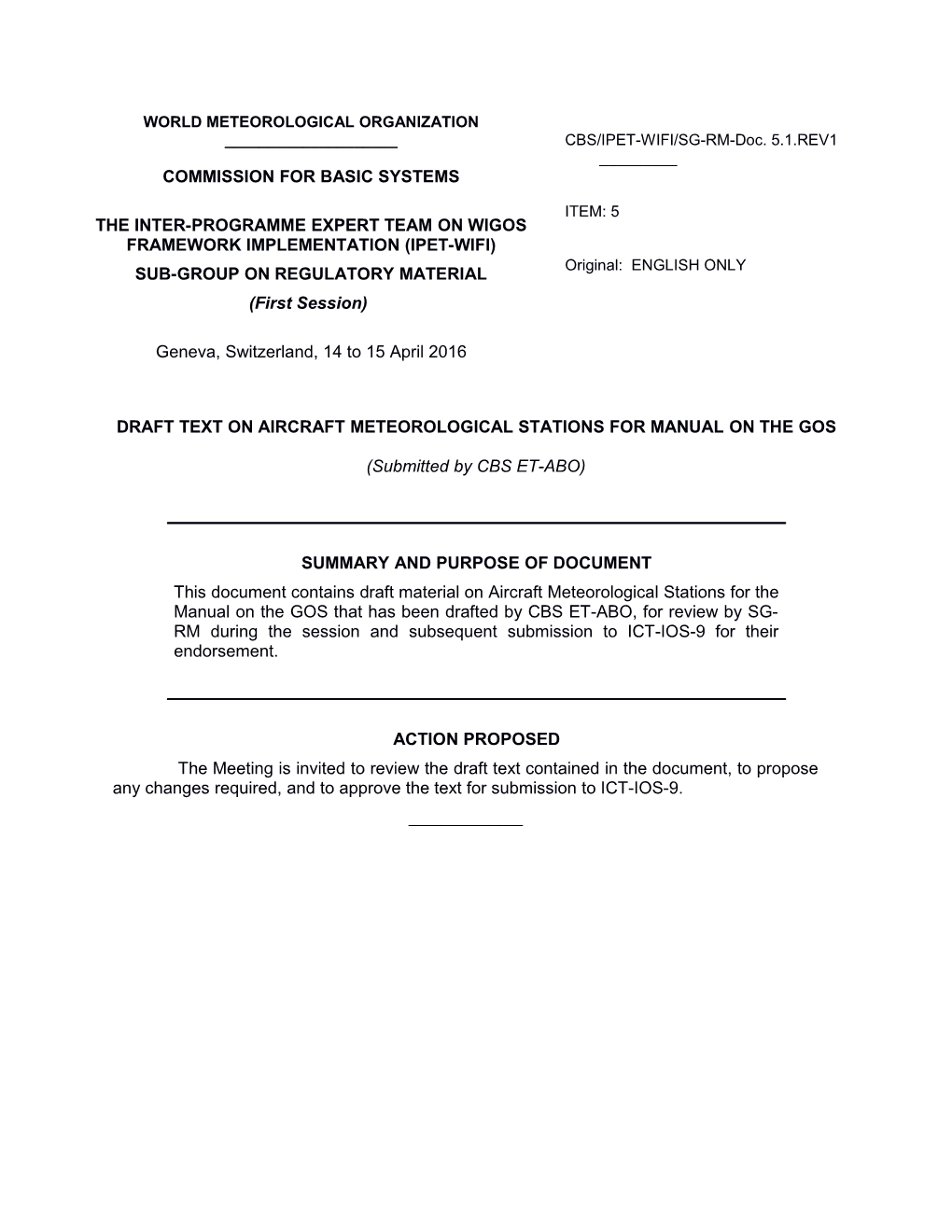 Draft Text on Aircraft Meteorological Stations for Manual on the Gos