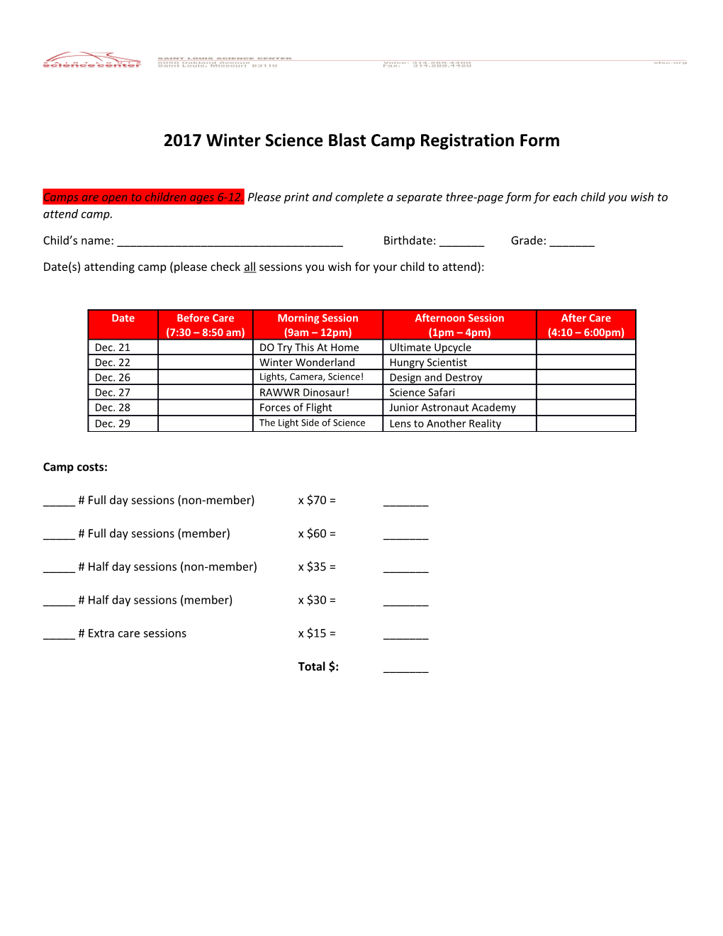 2017 Winter Science Blast Camp Registration Form