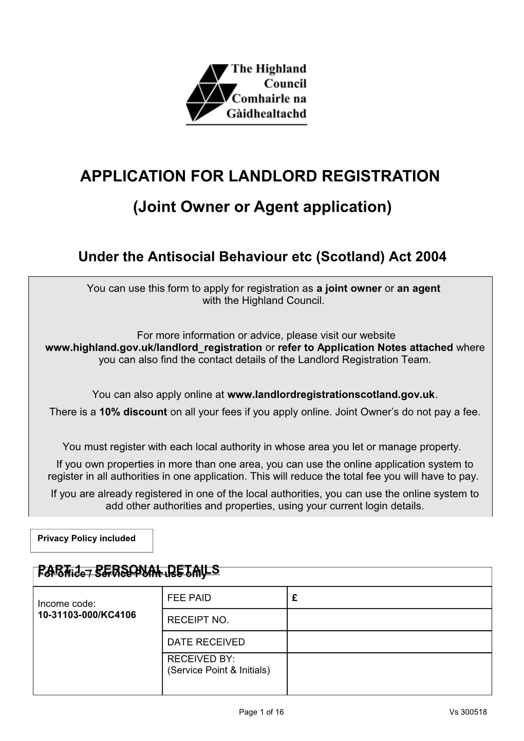 Application for Landlord Registration