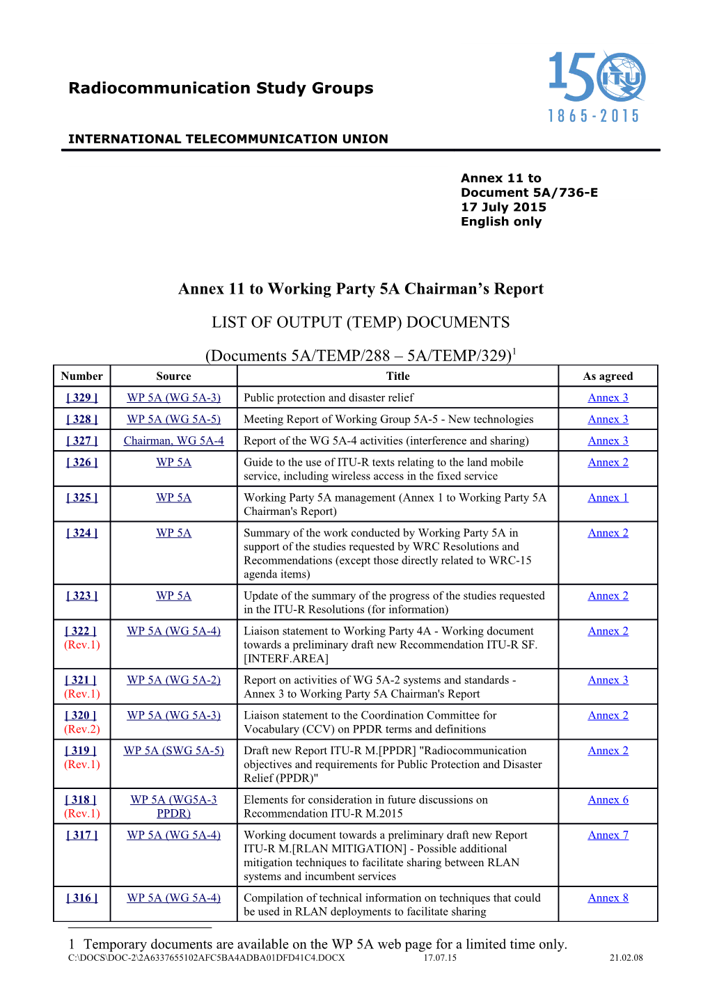 1 Temporary Documents Are Available on the WP 5A Web Page for a Limited Time Only