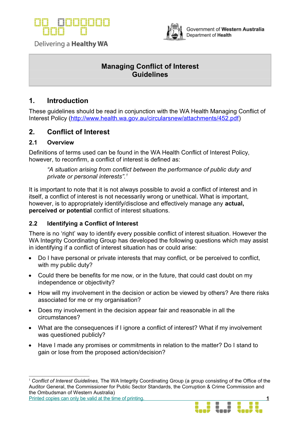 WA Health Managing Conflicts of Interest Guidelines