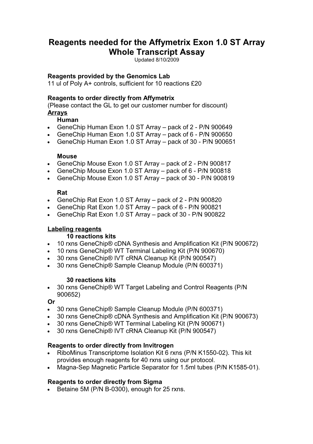 Reagents Needed for the Affymetrix Exon 1