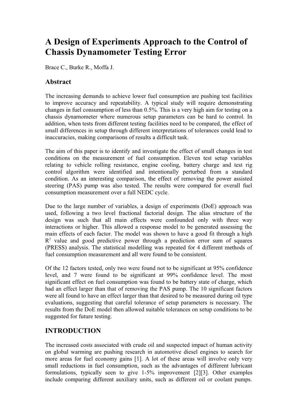 A Design of Experiments Approach to the Control of Chassis Dynamometer Testing Error