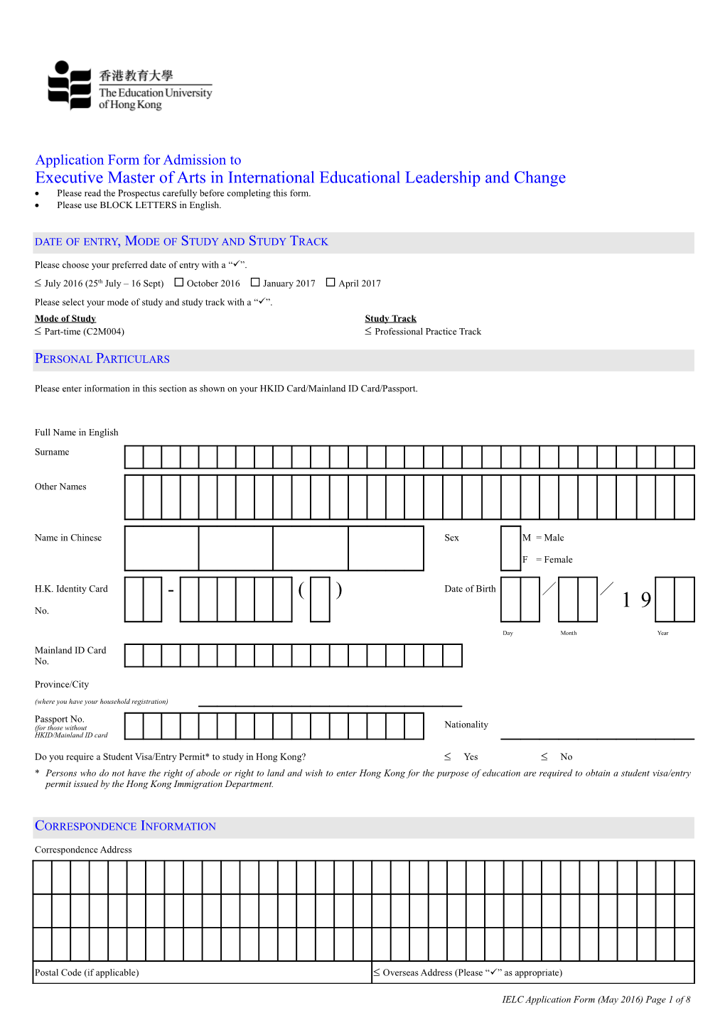 Application Form for Admission To