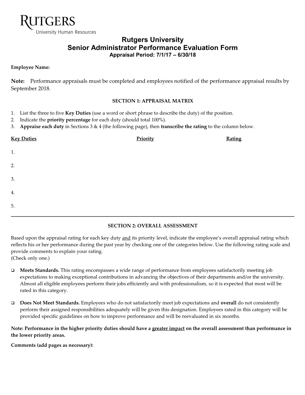 Senior Administrator Performance Evaluation Form