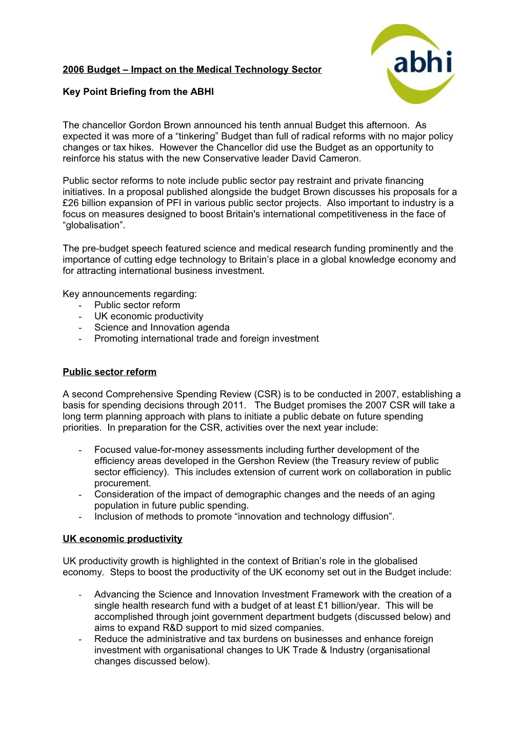 2006 Budget Impact on the Medical Technology Sector