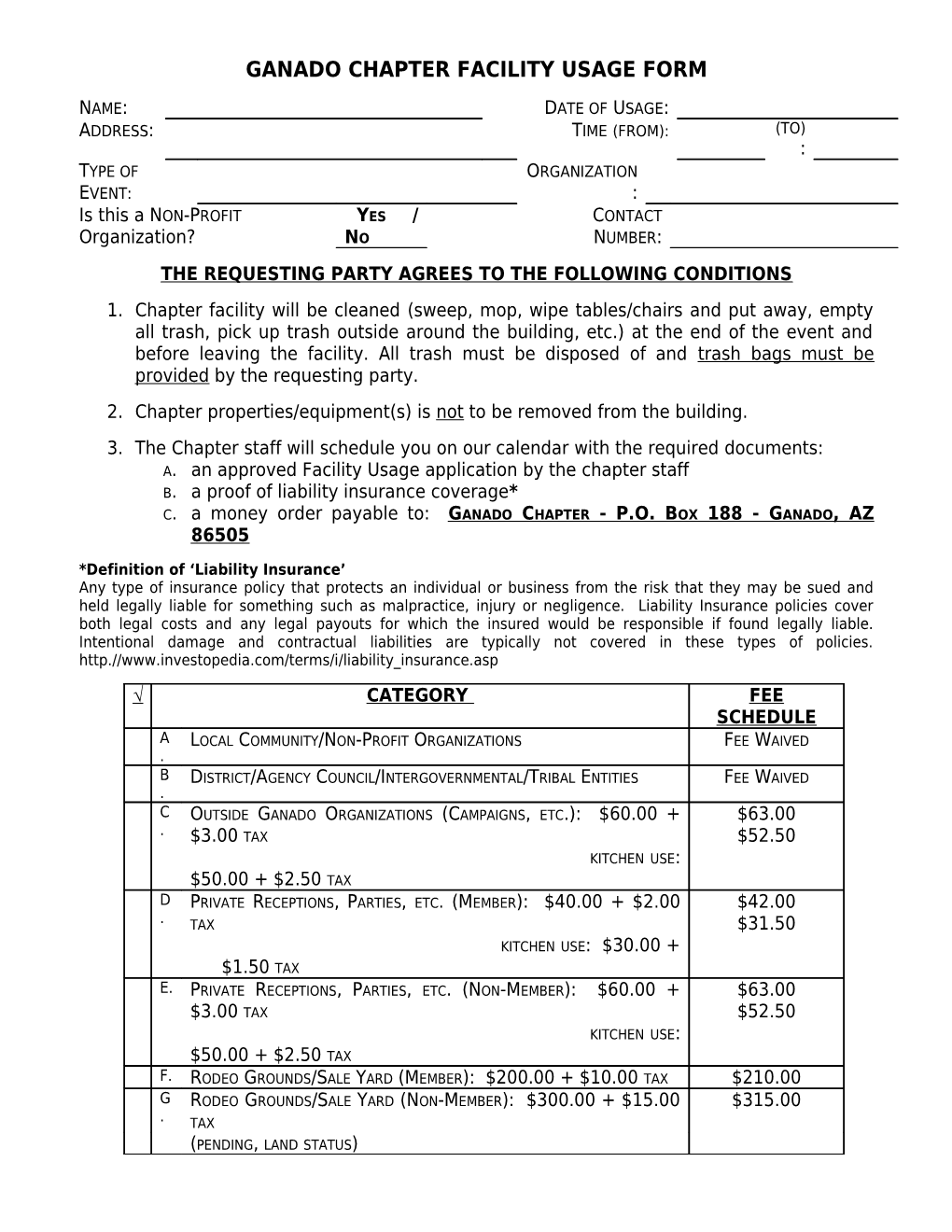 Ganado Chapter Facility Usage Form