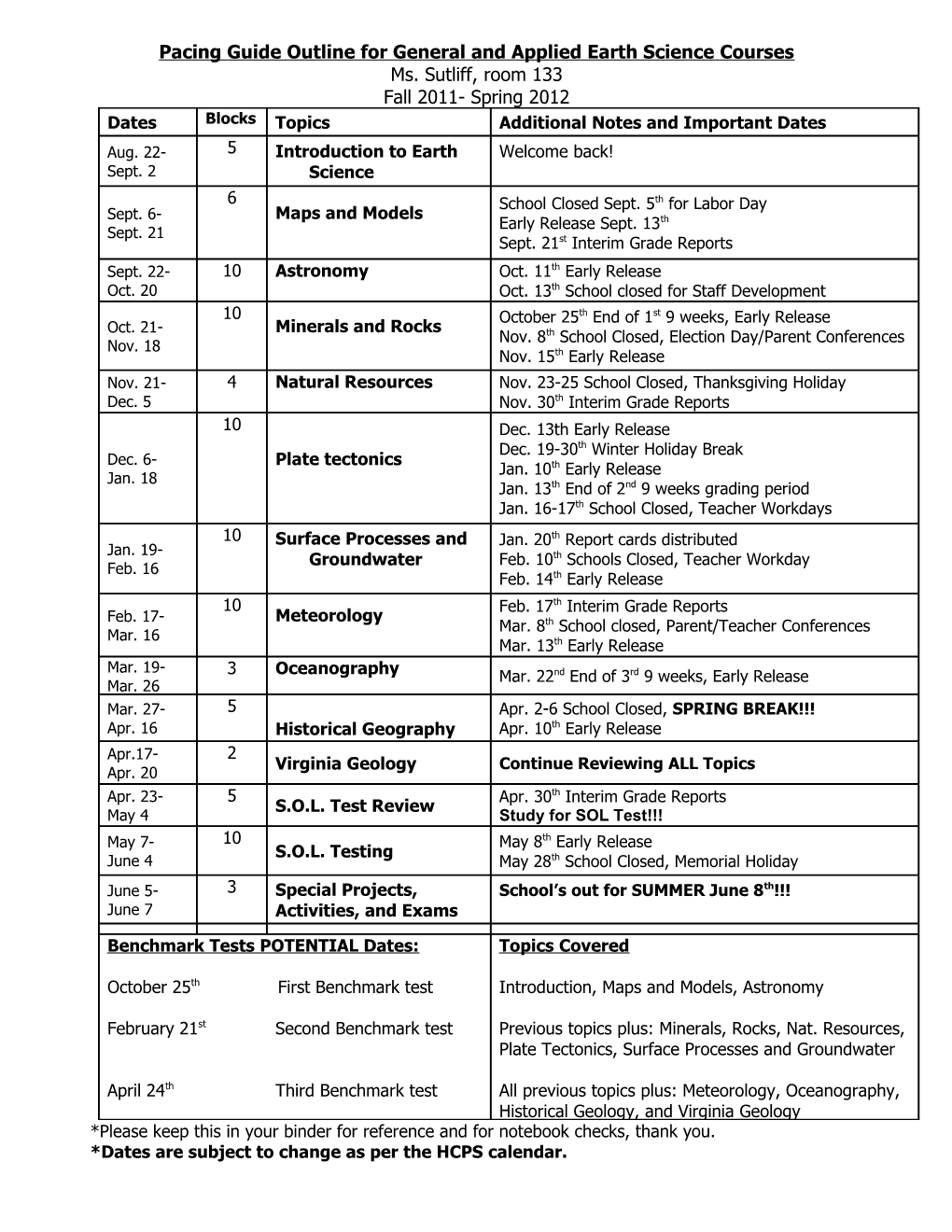 Pacing Guide Outline for General and Applied Earth Science Courses