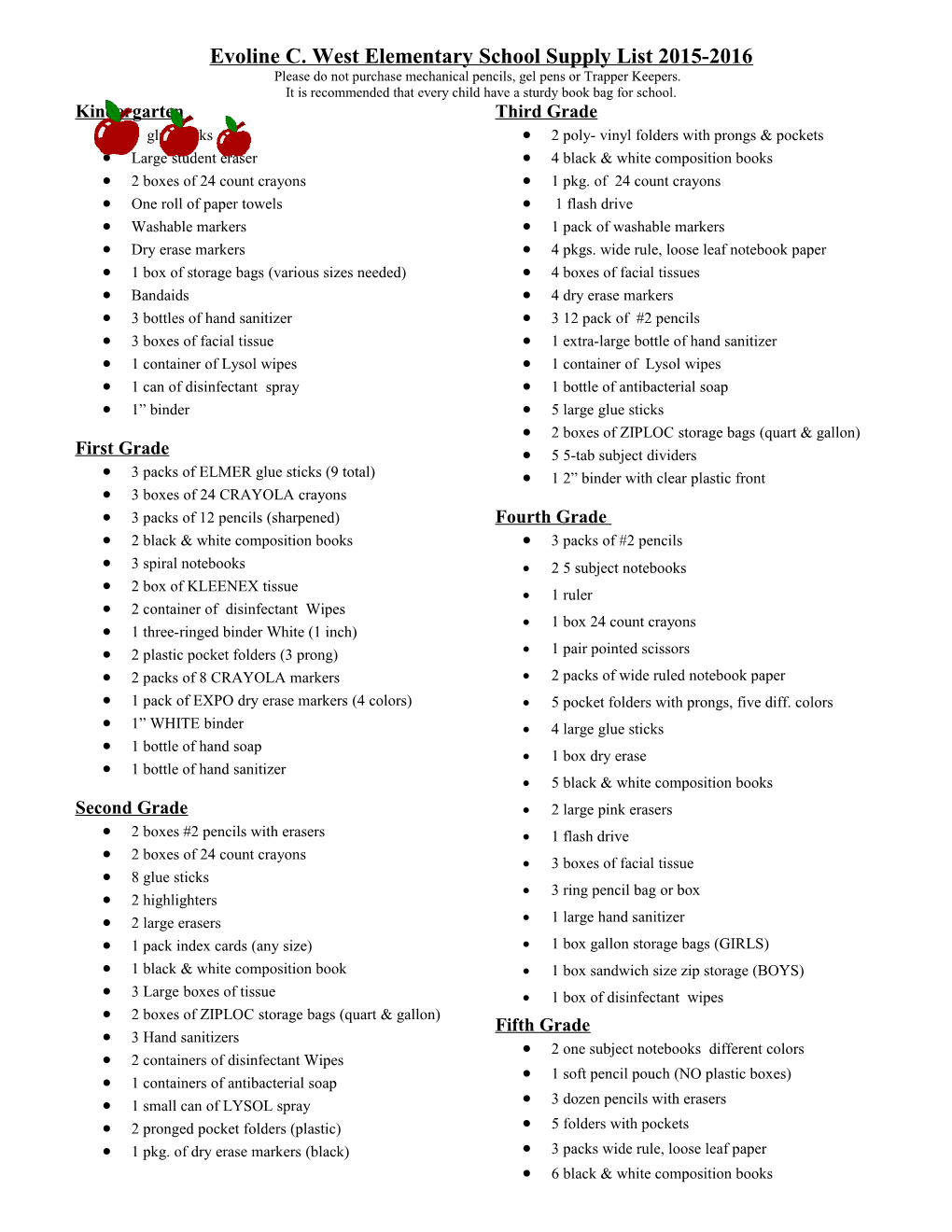 Evoline C. West Elementary School Supply List 2015-2016