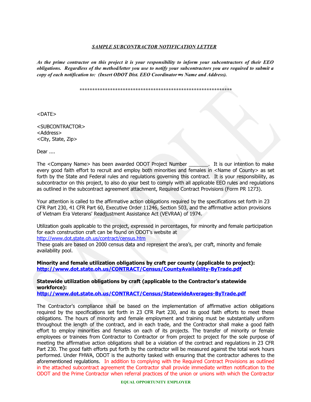 Sample Subcontractor Notification Letter