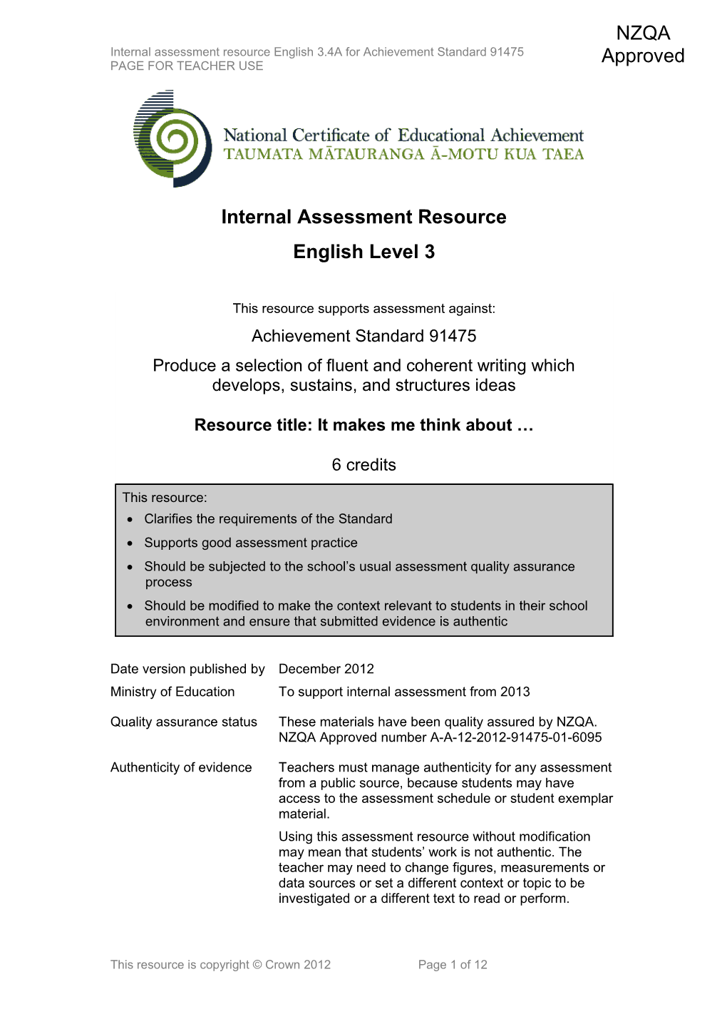 Level 3 English Internal Assessment Resource