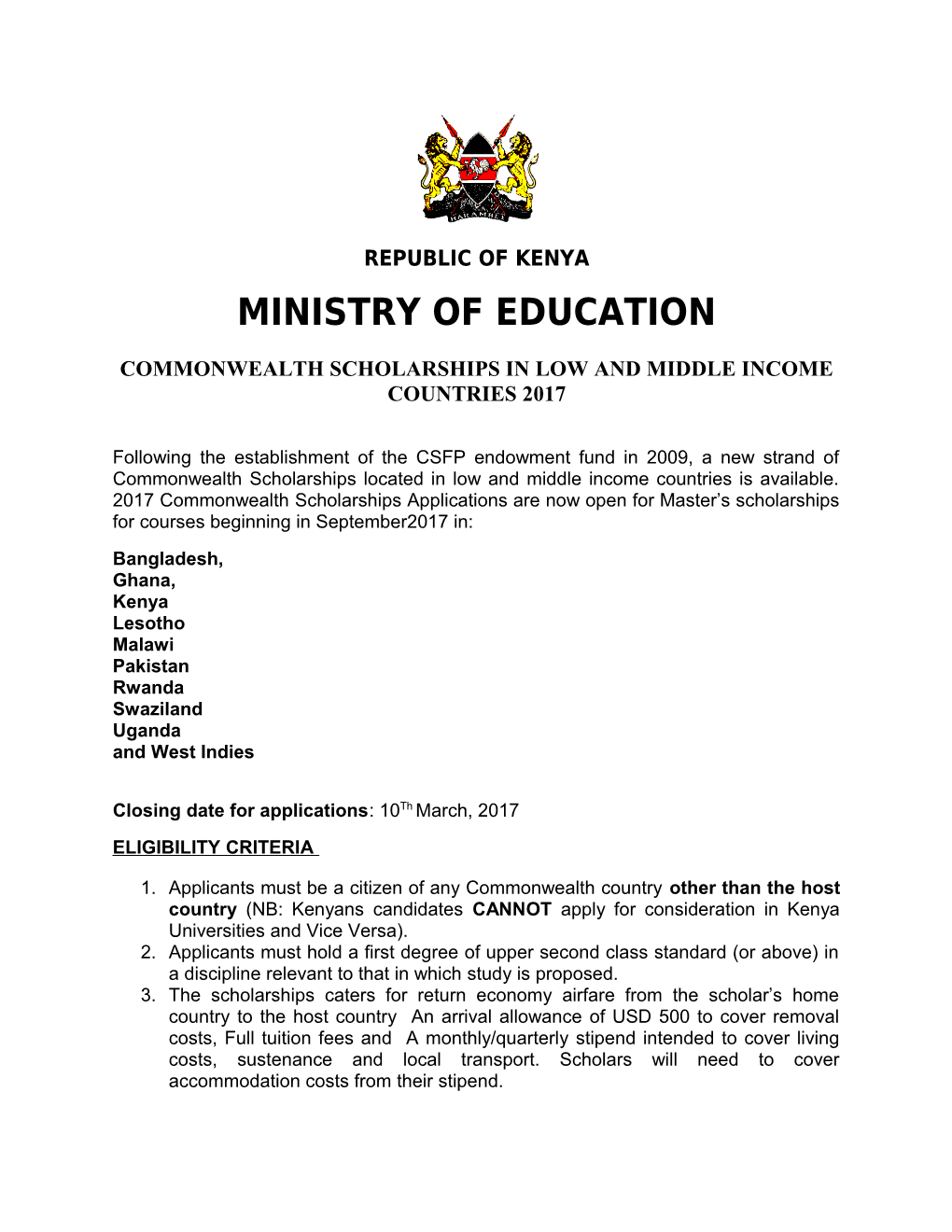 Commonwealth Scholarships in Low and Middle Income Countries 2017