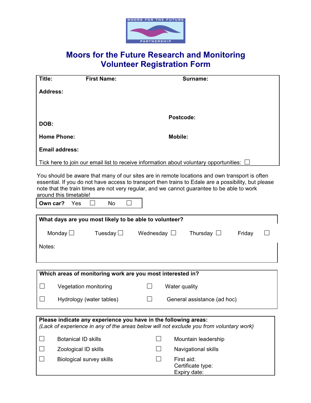 Moors for the Future Volunteer Registration Form