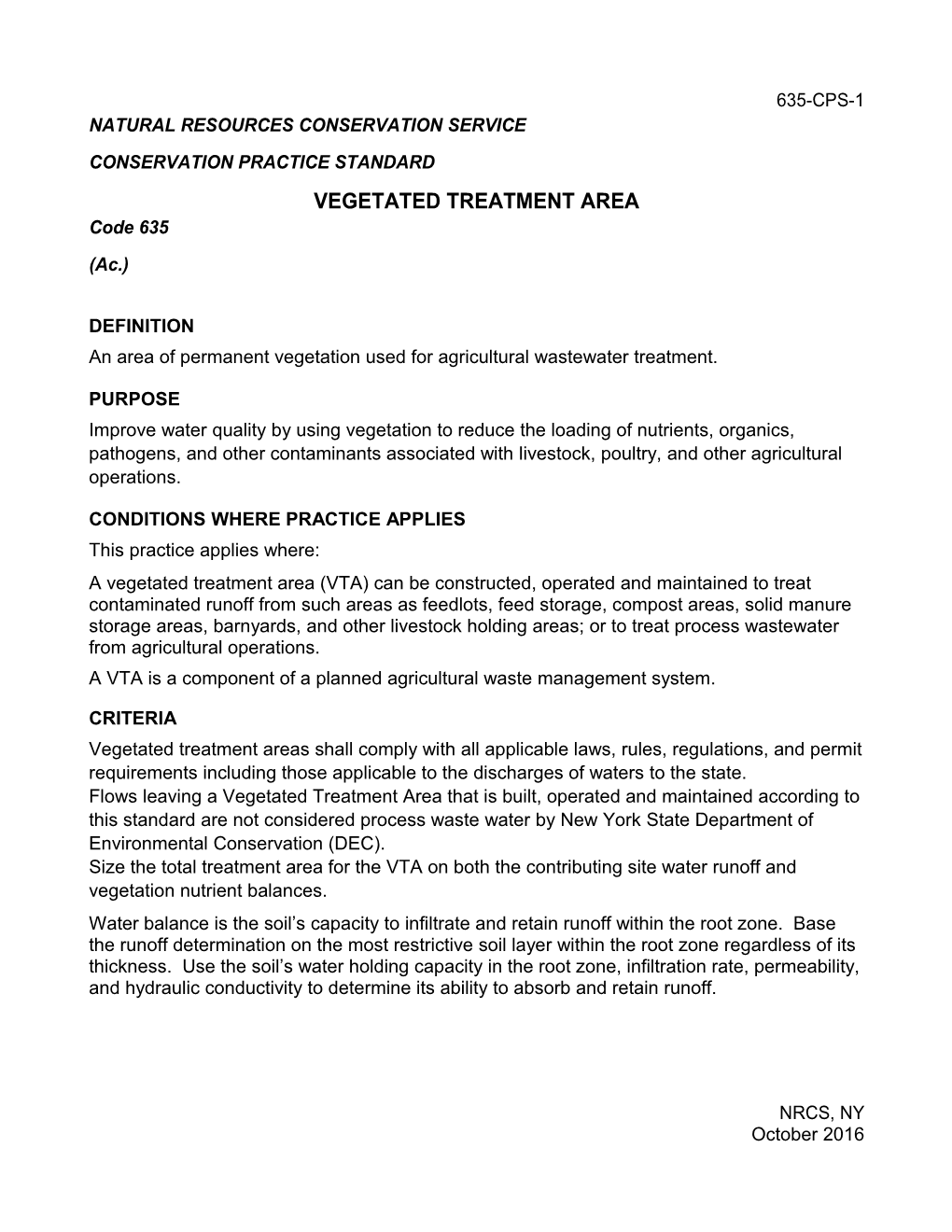 Conservation Practice Standard 635, Vegetated Treatment Area