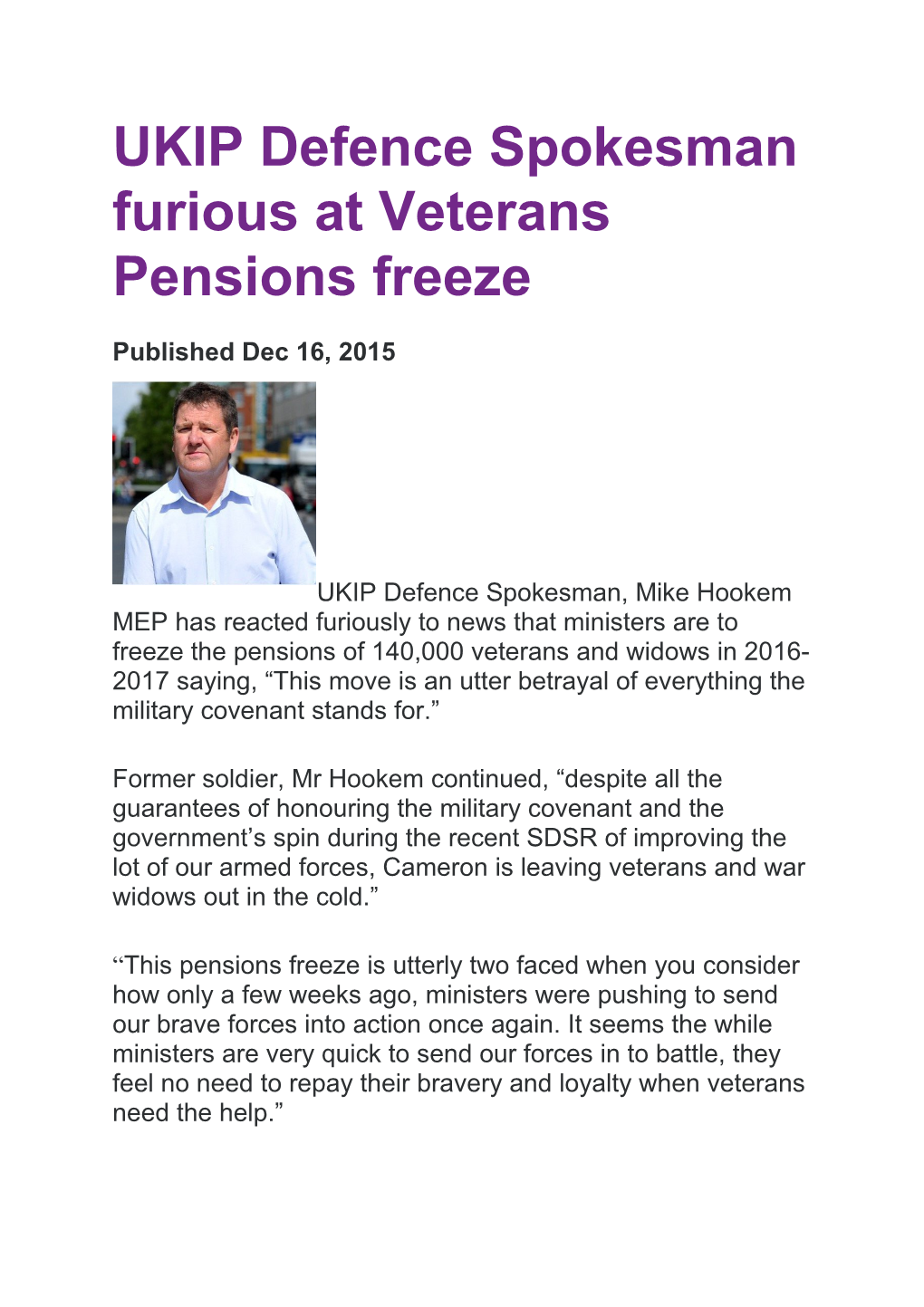 UKIP Defence Spokesman Furious at Veterans Pensions Freeze