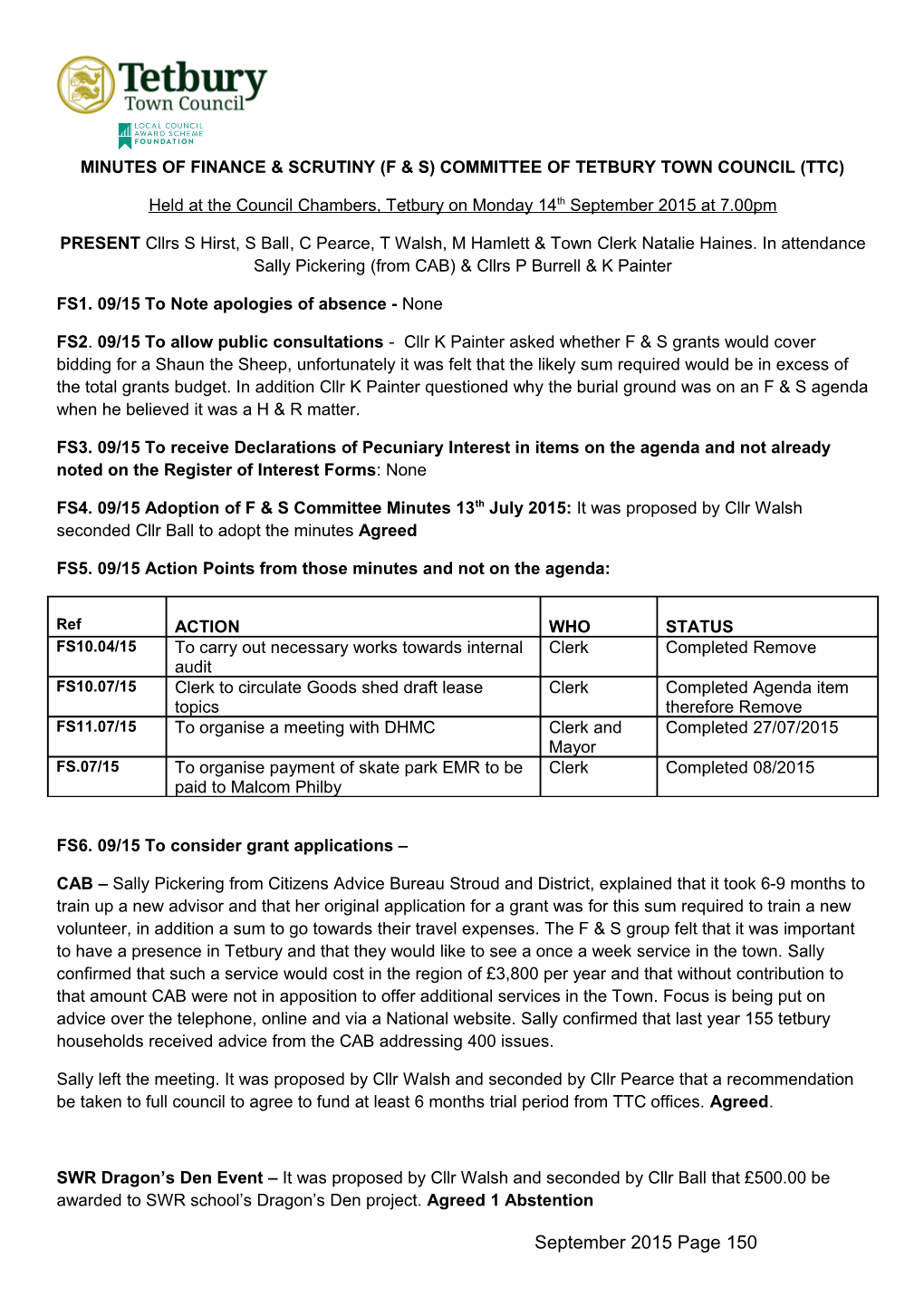 Minutes of Finance & Scrutiny (F & S) Committee of Tetbury Town Council (Ttc)