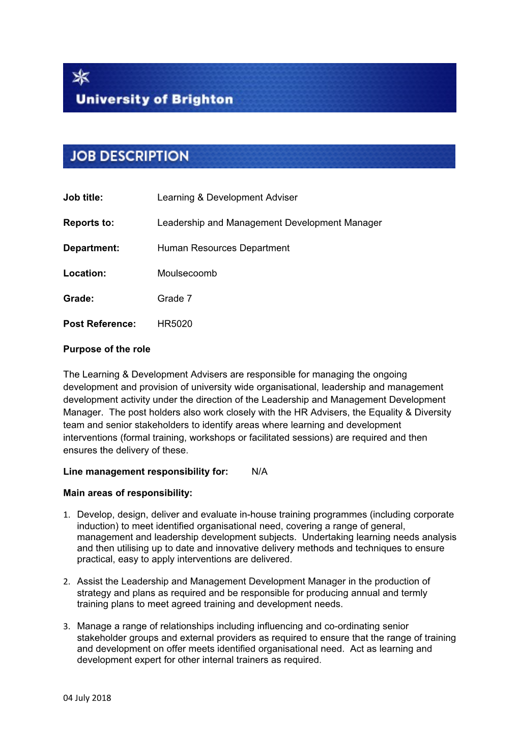 Job Title: Learning & Development Adviser