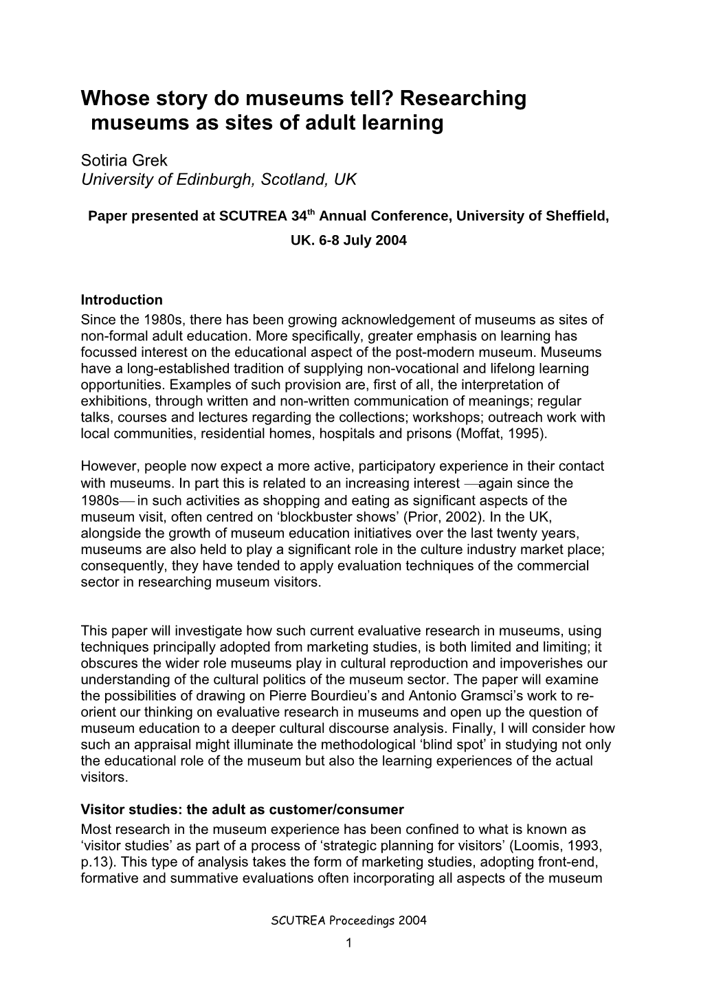Paper Presented at SCUTREA 34Th Annual Conference, University of Sheffield, UK s1