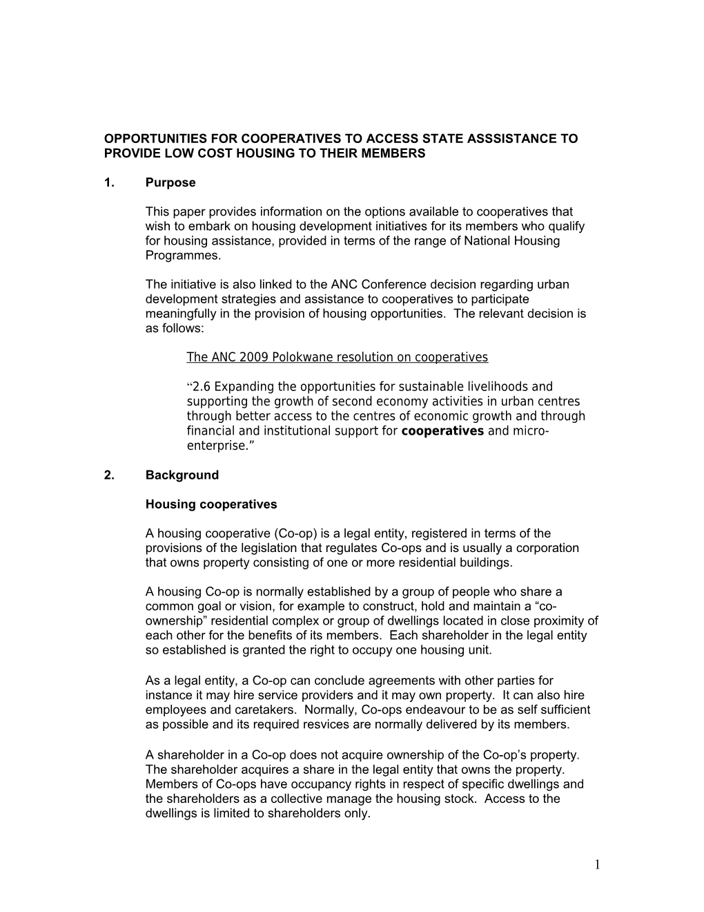 Cooperative Housing Development Initiatives: Options Available Through the National Housing