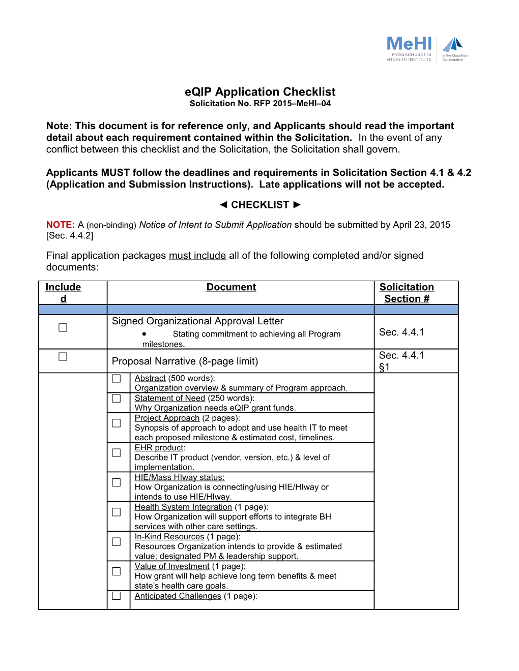 Solicitation No. RFP 2015 Mehi 04 Checklist