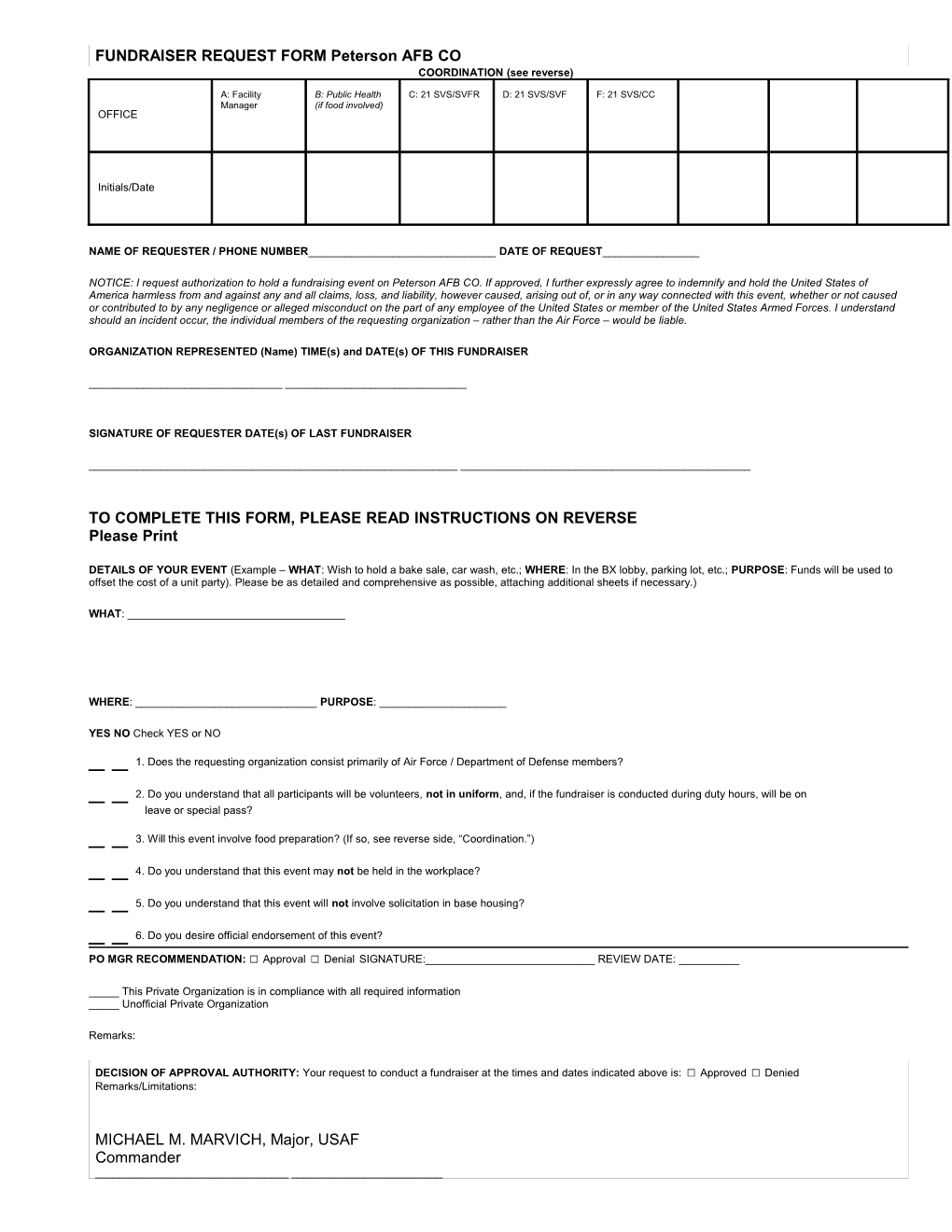 FUNDRAISER REQUEST FORM Peterson AFB CO