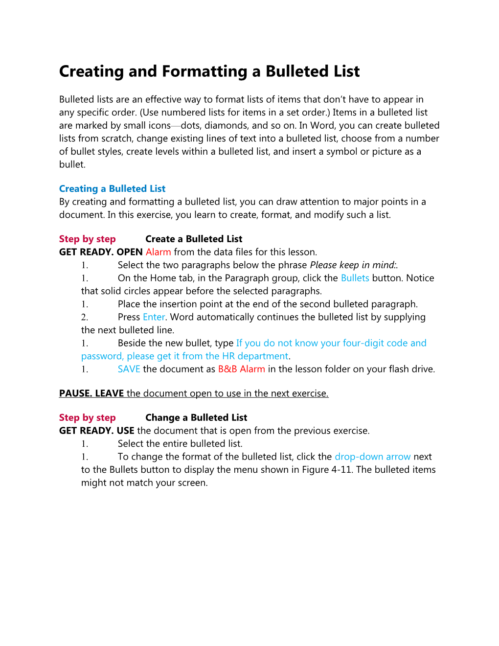 Creating and Formatting a Bulleted List