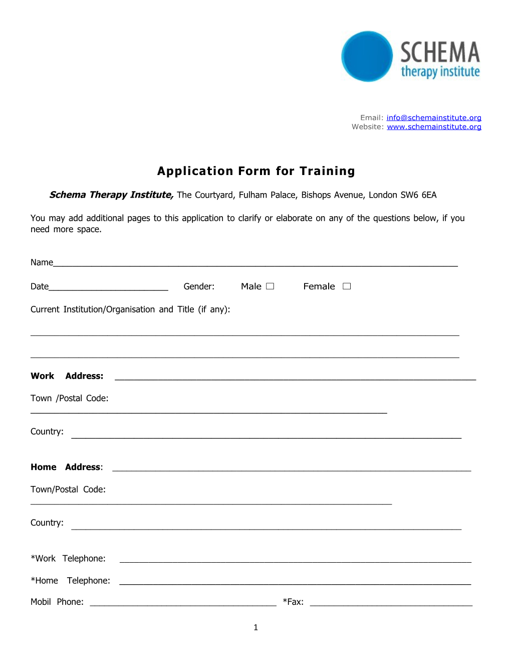Application Form for STI Schema Therapy Training Programme 2010