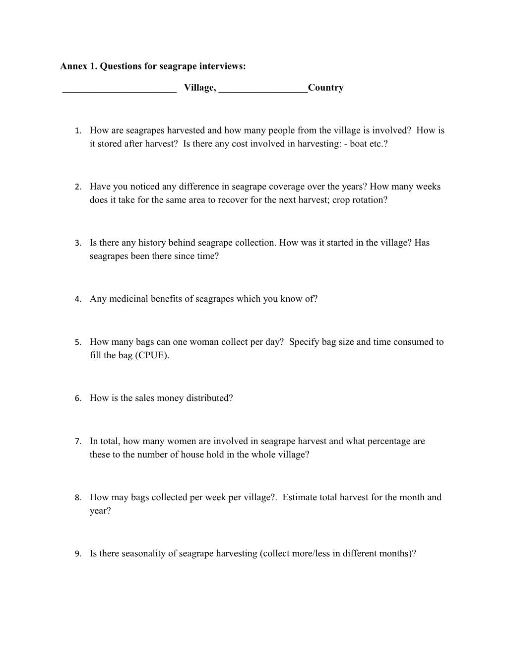 Annex 1. Questions for Seagrape Interviews