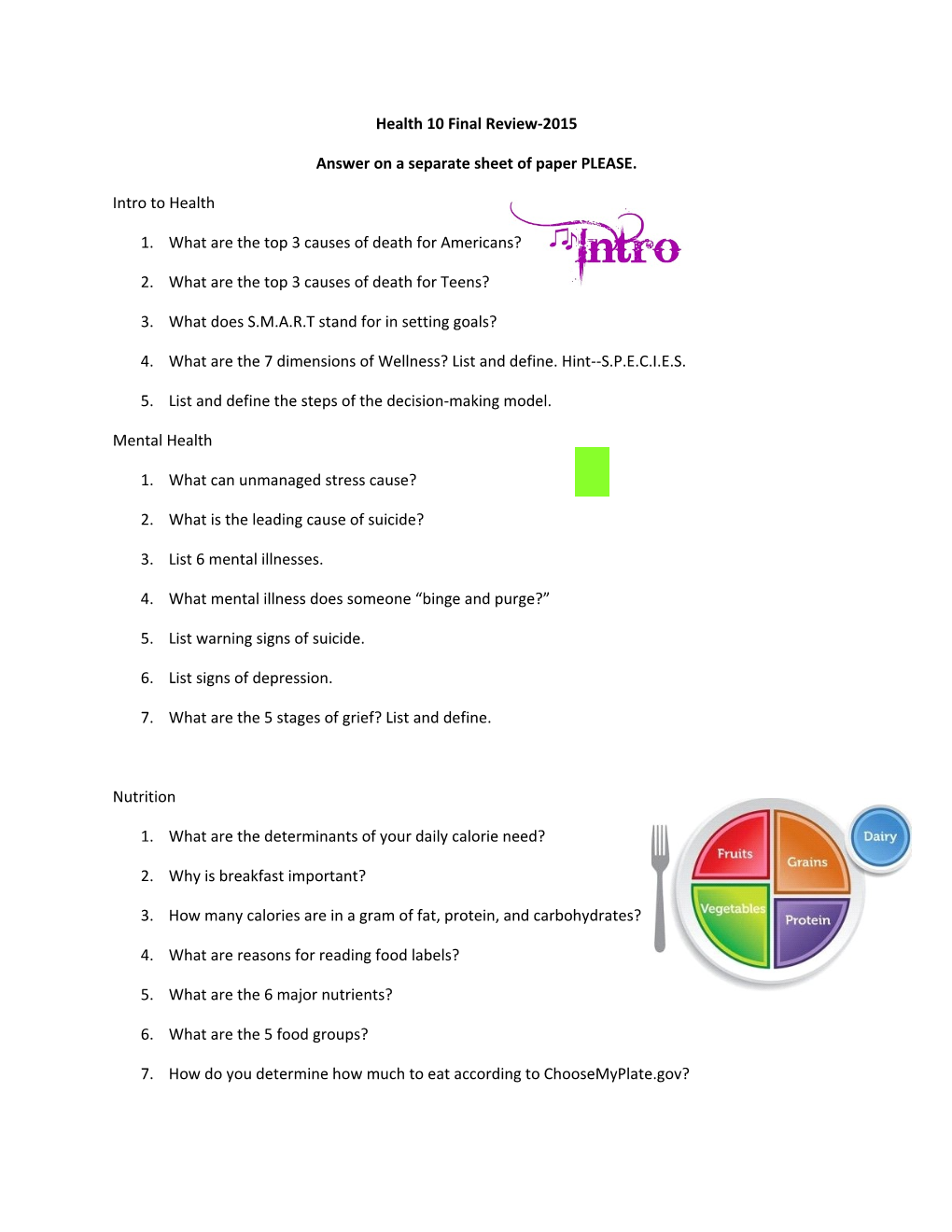 Health 10 Final Review-2015