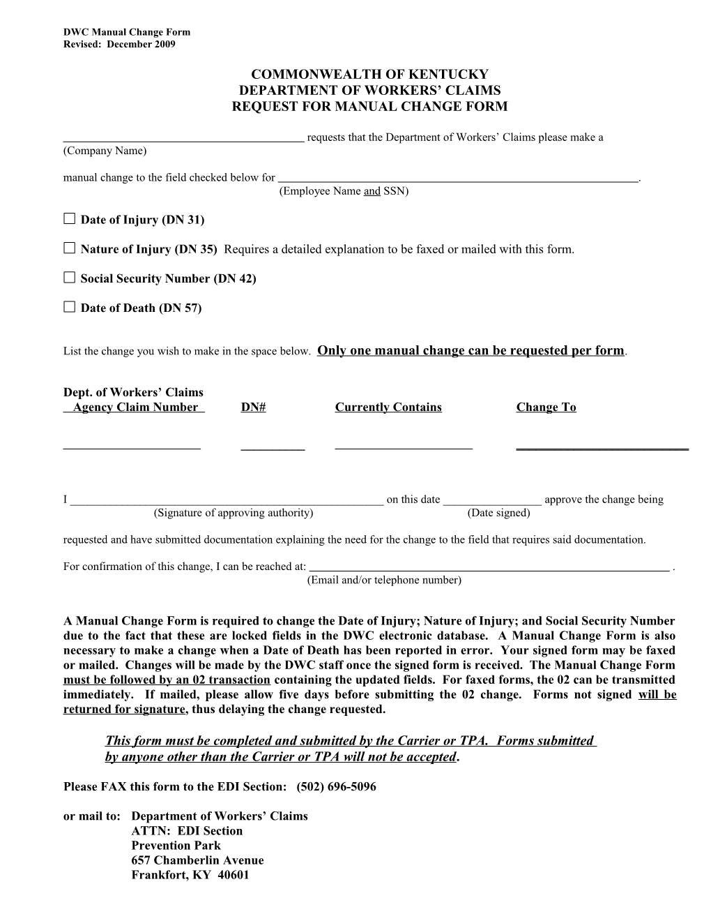 Manual Change Form 2009