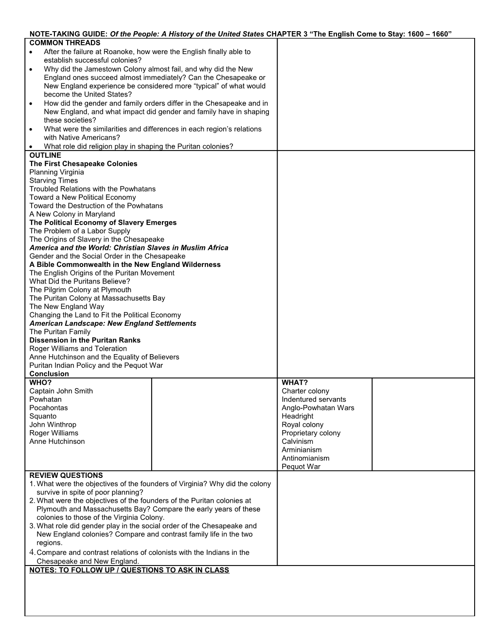 NOTE-TAKING GUIDE: of the People: a History of the United States CHAPTER 3 the English