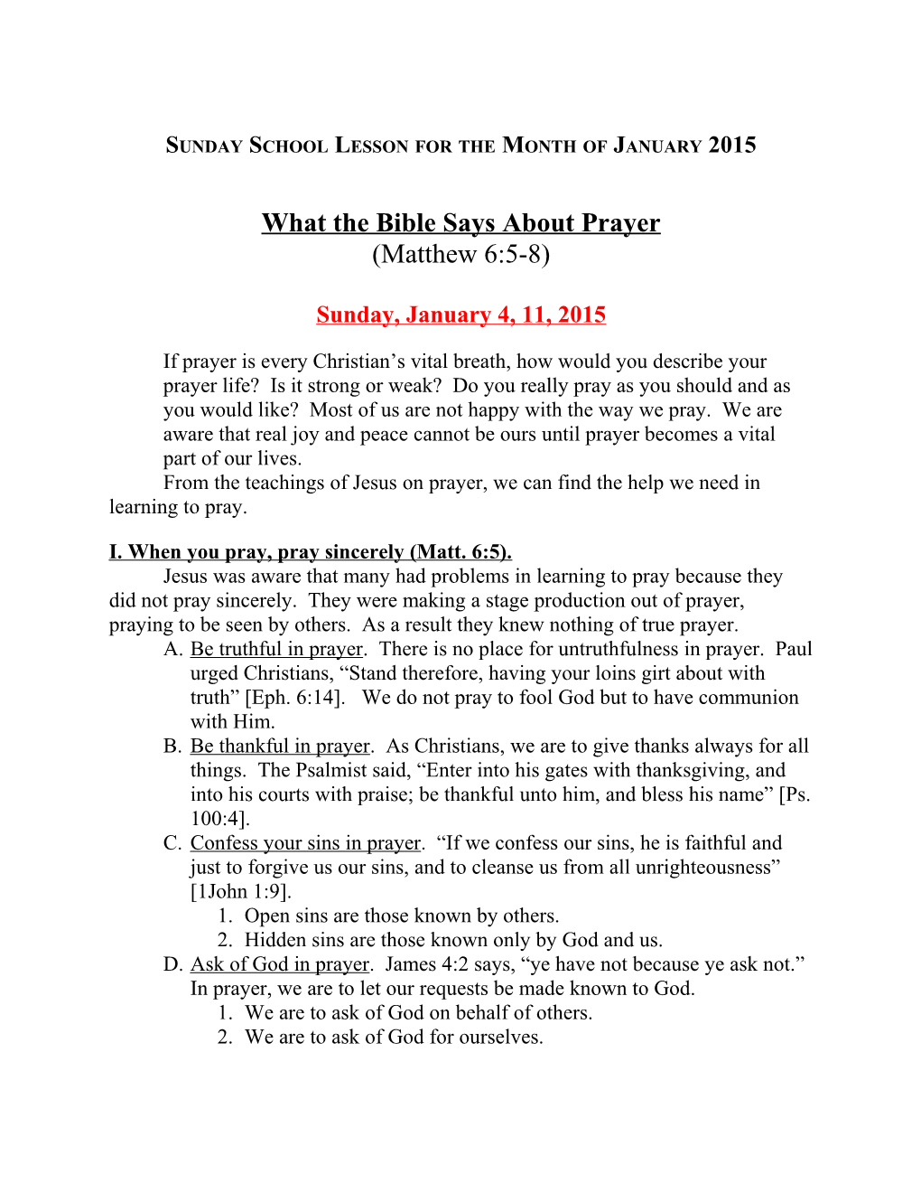 Sunday School Lesson for the Month of January 2015