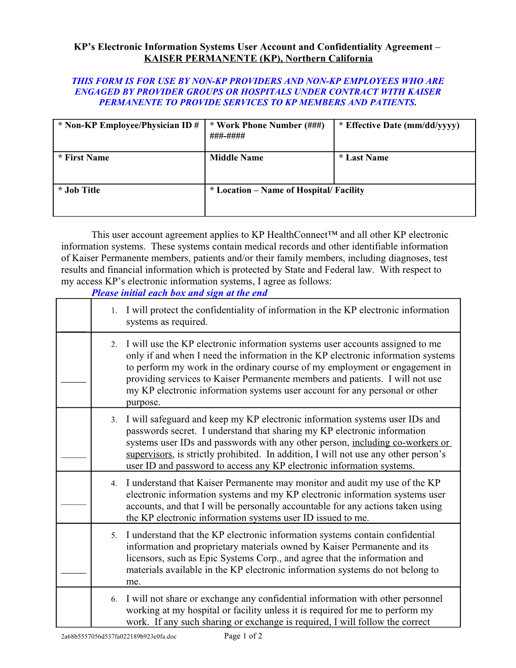 KP S Electronic Information Systems User Account and Confidentiality Agreement