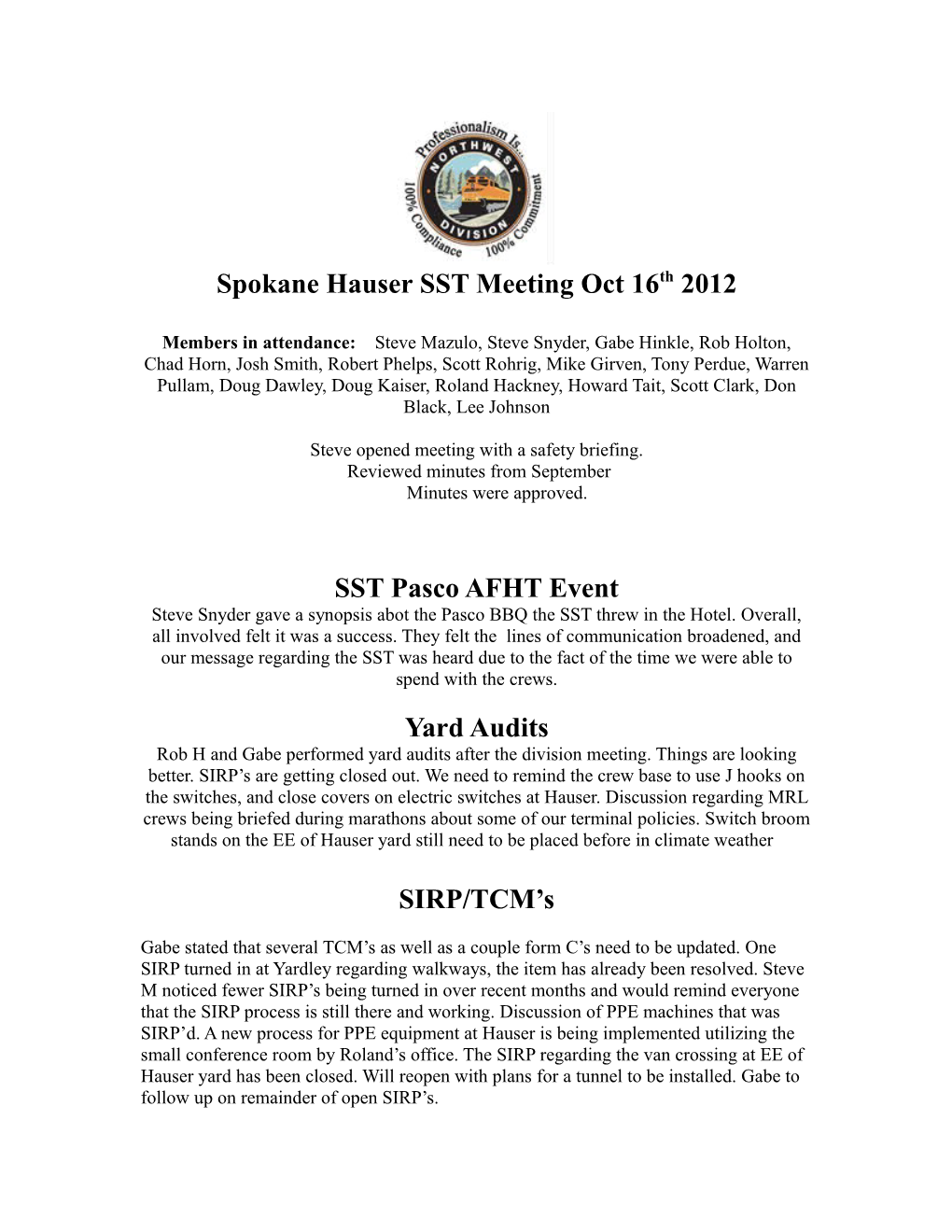 Spokane Hauser SST Meeting Oct 16Th 2012